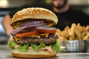 Juicy cheeseburger served with crisp, a Photo by Tanuart