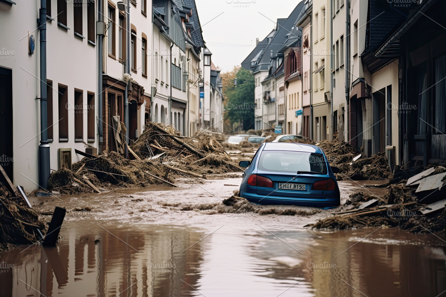 Floating cars in the water during flooding in an european country, with washed, a Nature Photo by zakiroff