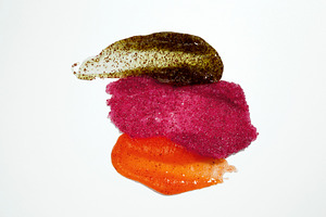 Fruit and berry body scrub texture of swatch. Set smears of body scrub. Cosmeti, a Photo by matucha