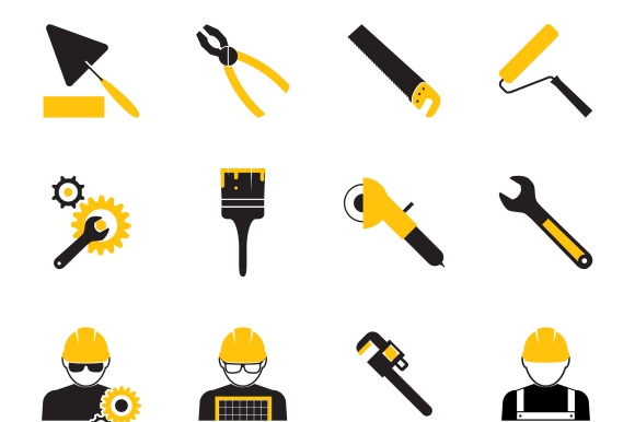 Construction Workers And Tools Icons