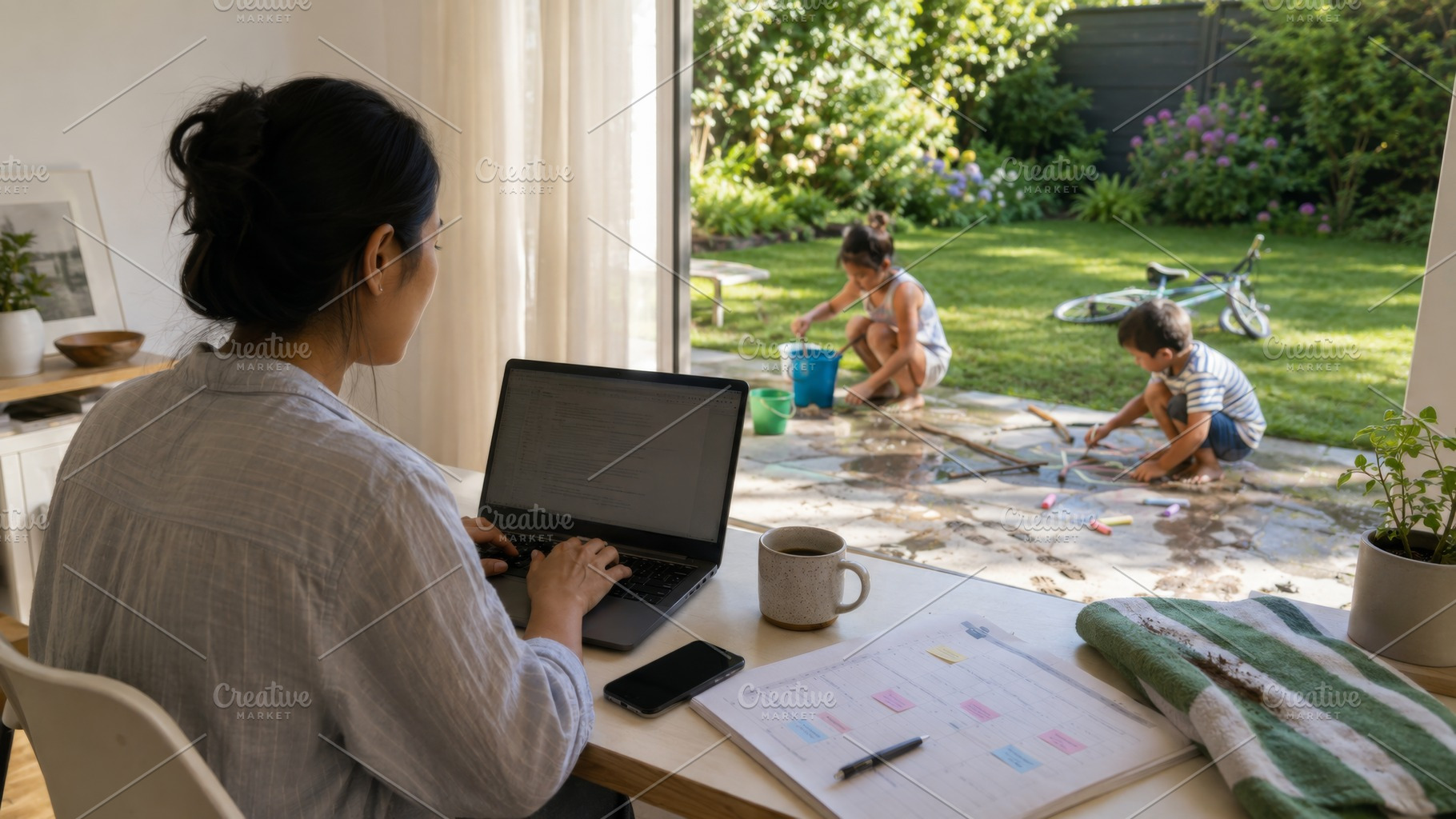 Mother works remotely while children, a Photo by Dvoevnore photos