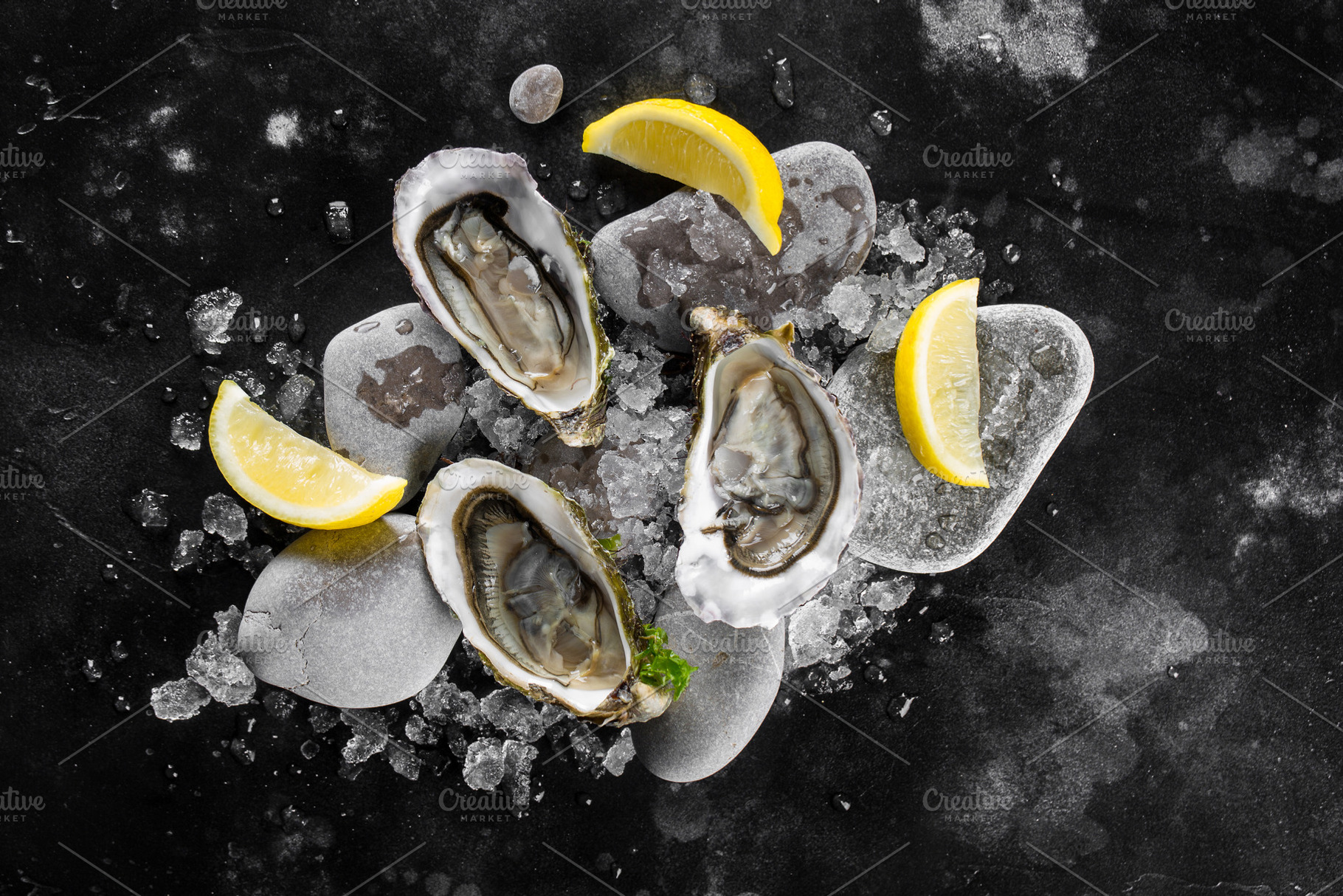 Opened oysters dry ice and lemon containing oysters, oyster, and ice, a Food & Drink Photo by Vladimir Popovich