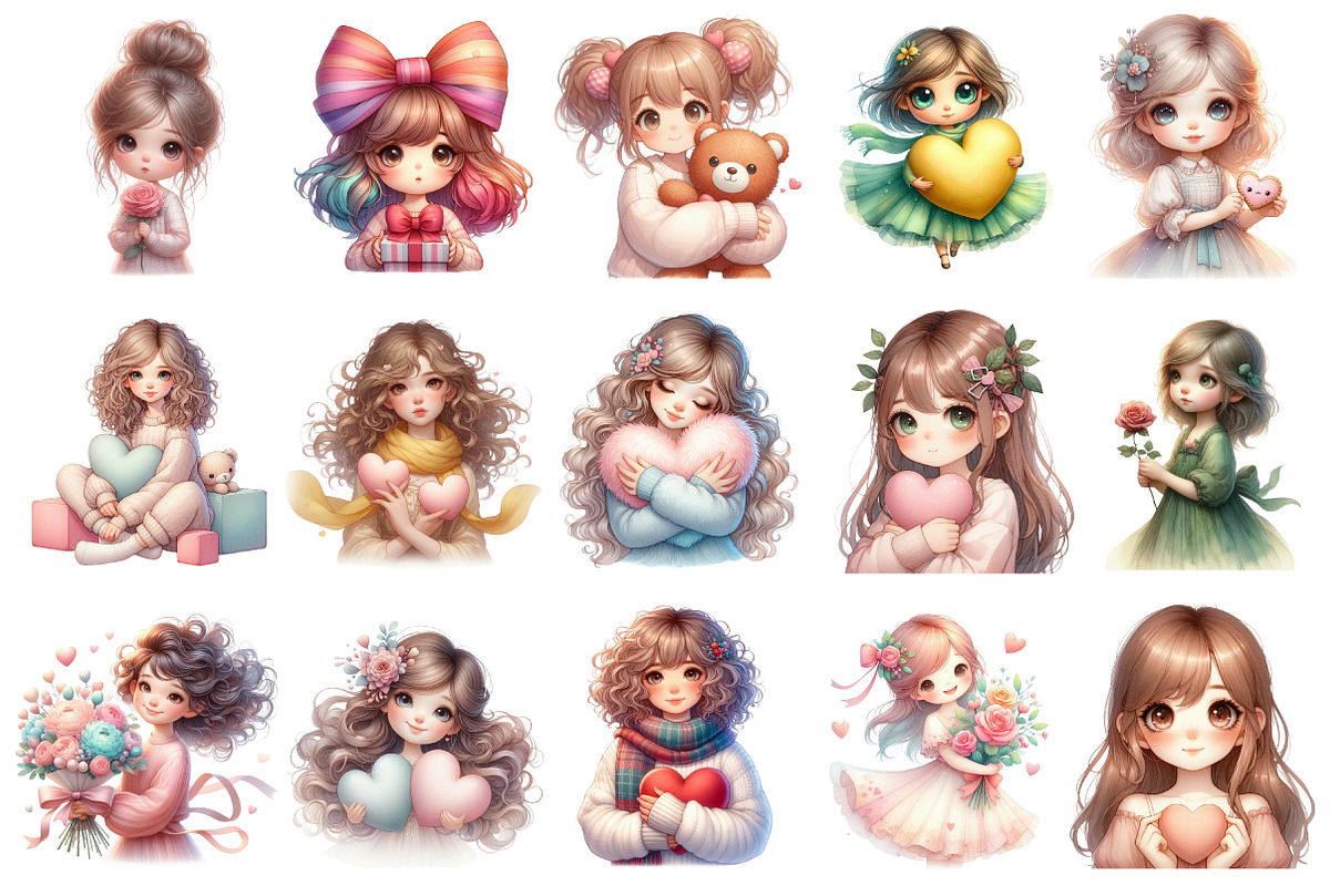 Watercolor Valentine Girls Clipart, an Illustration by SinaCreation (Photo 2 of 10)