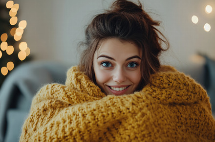 A young woman wrapped in a cozy yellow blanket, smiling warmly at the camera. S, a Person Photo by Textures & Backgrounds