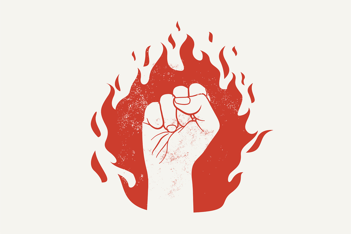 Raised up fist on red fire flame, an Illustration by Crafter