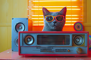 Cool Cat With Sunglasses And Retro Boombox