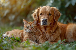 A golden retriever and an orange cat sitting comfortably together in a lush gre, an Animal Photo by ImageMir
