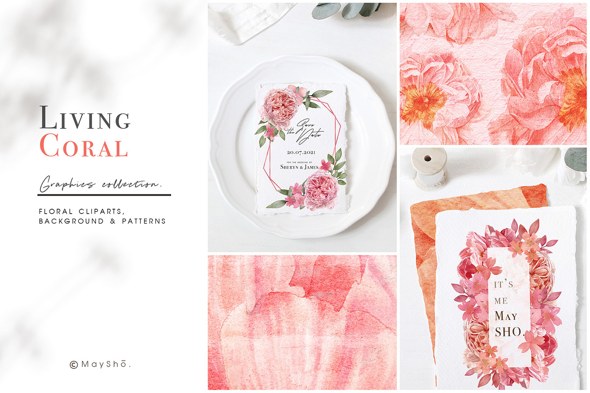 LivingCoral Watercolor Flowers, an Illustration by May • SHO (Photo 3 of 13)