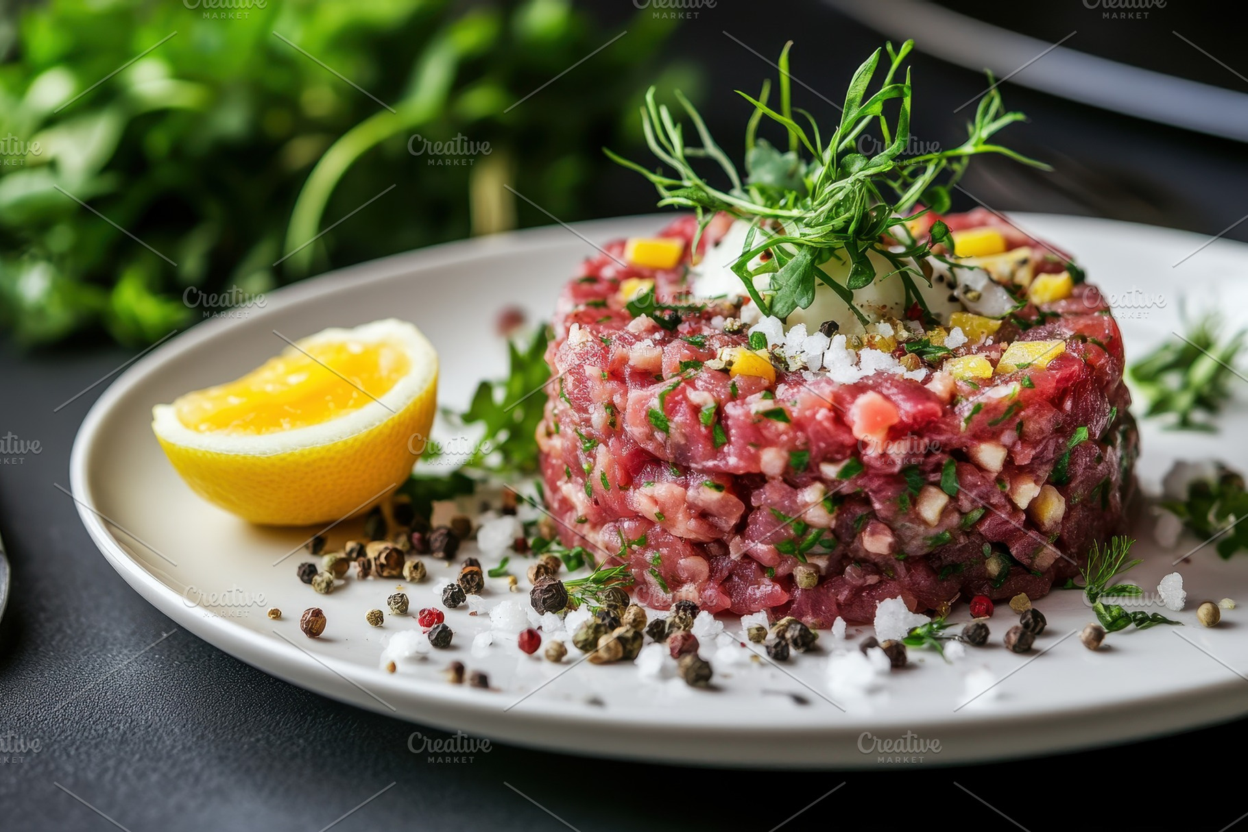 Delicious beef tartar garnished, a Photo by Pavel_design