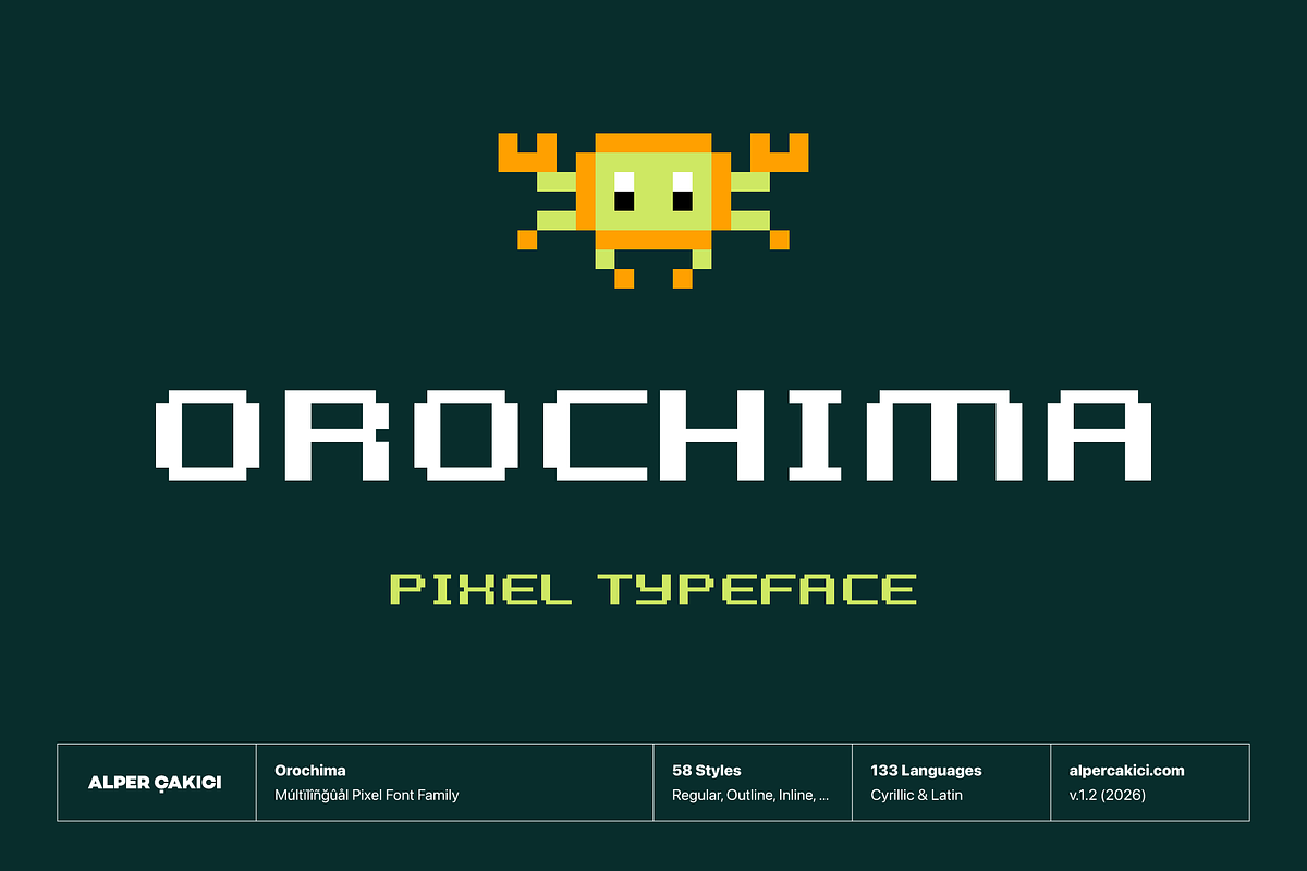 Orochima - Pixel Typeface, a Sans Serif Font by alpercakici (Photo 1 of 12)