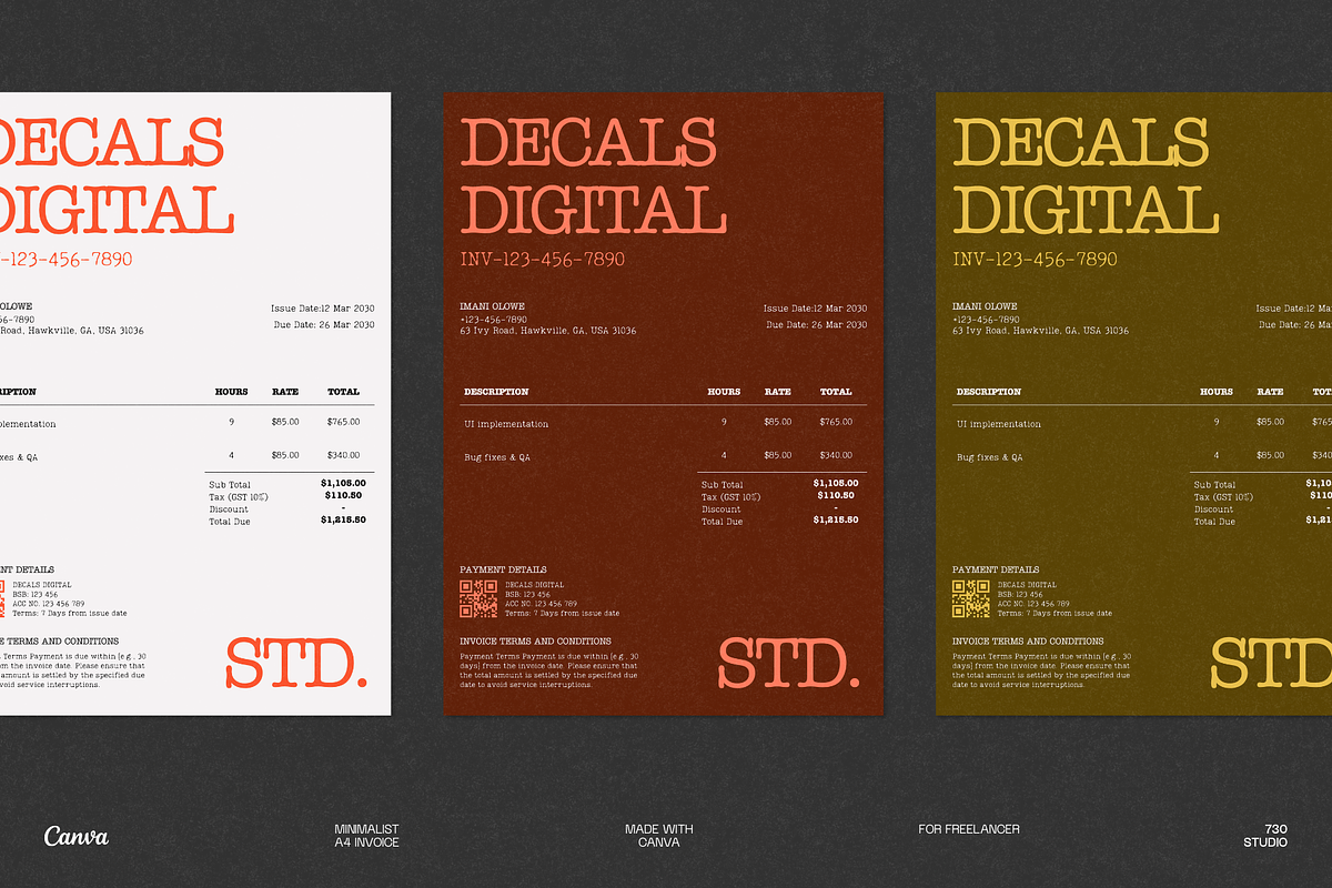 Minimalist Canva Freelance Invoice, a Stationery Template by 730 Studio (Photo 3 of 6)