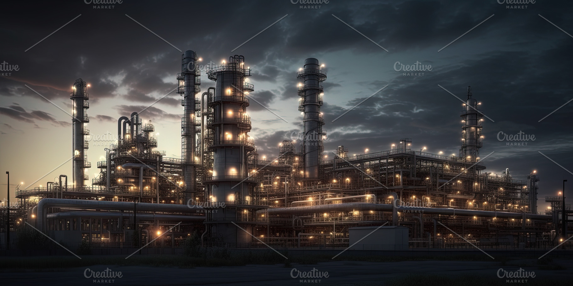 Oil and gas industry refinery at night, panoramic image. Generat, an Industrial Photo by Ales Munt