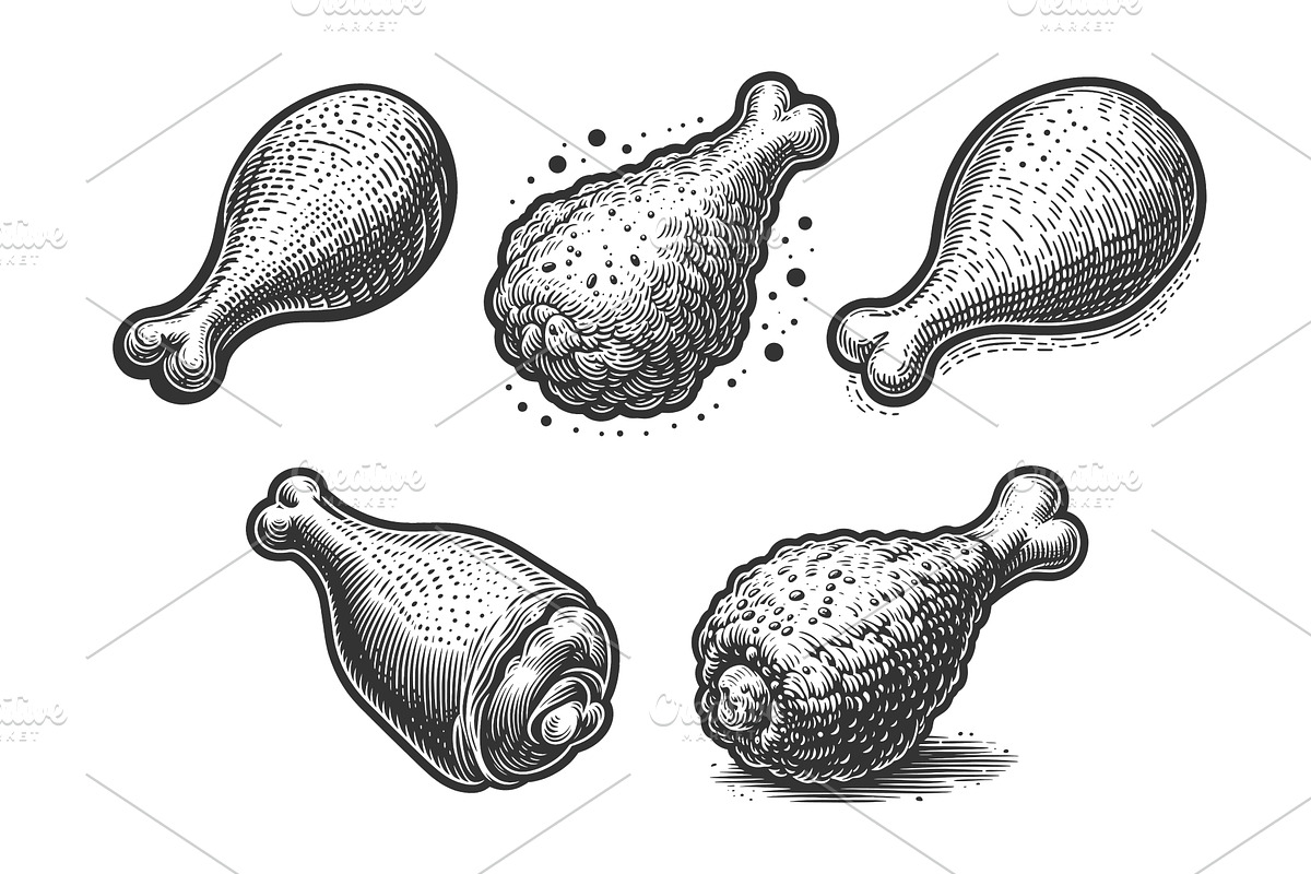 Chicken Drumstick engraving set, a Food Illustration by AlexArt