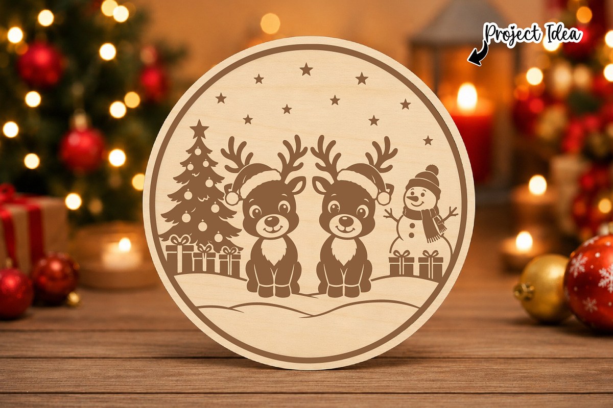 Christmas Reindeer Round Wood Sign, an Object Graphic by OK Design (Photo 2 of 3)