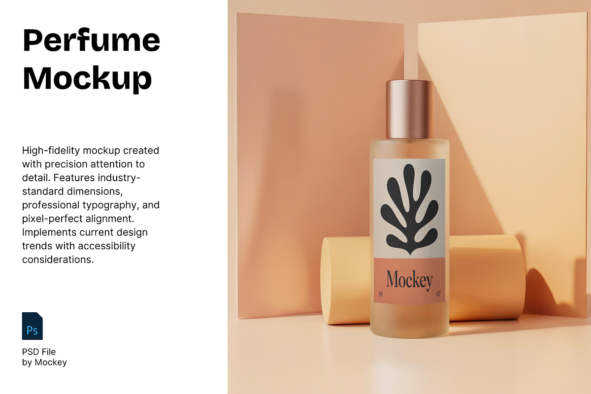 Soft Peach Perfume Bottle Mockup, a Packaging Mockup by mockeyai (Photo 1 of 3)