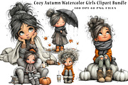 Cozy Autumn Watercolor Girls, a Seasonal Illustration by CreationArt (Thumbnail 1 of 6)