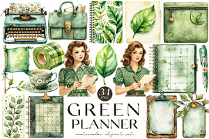 Watercolor Green Planner Clipart, an Illustration by OK Design