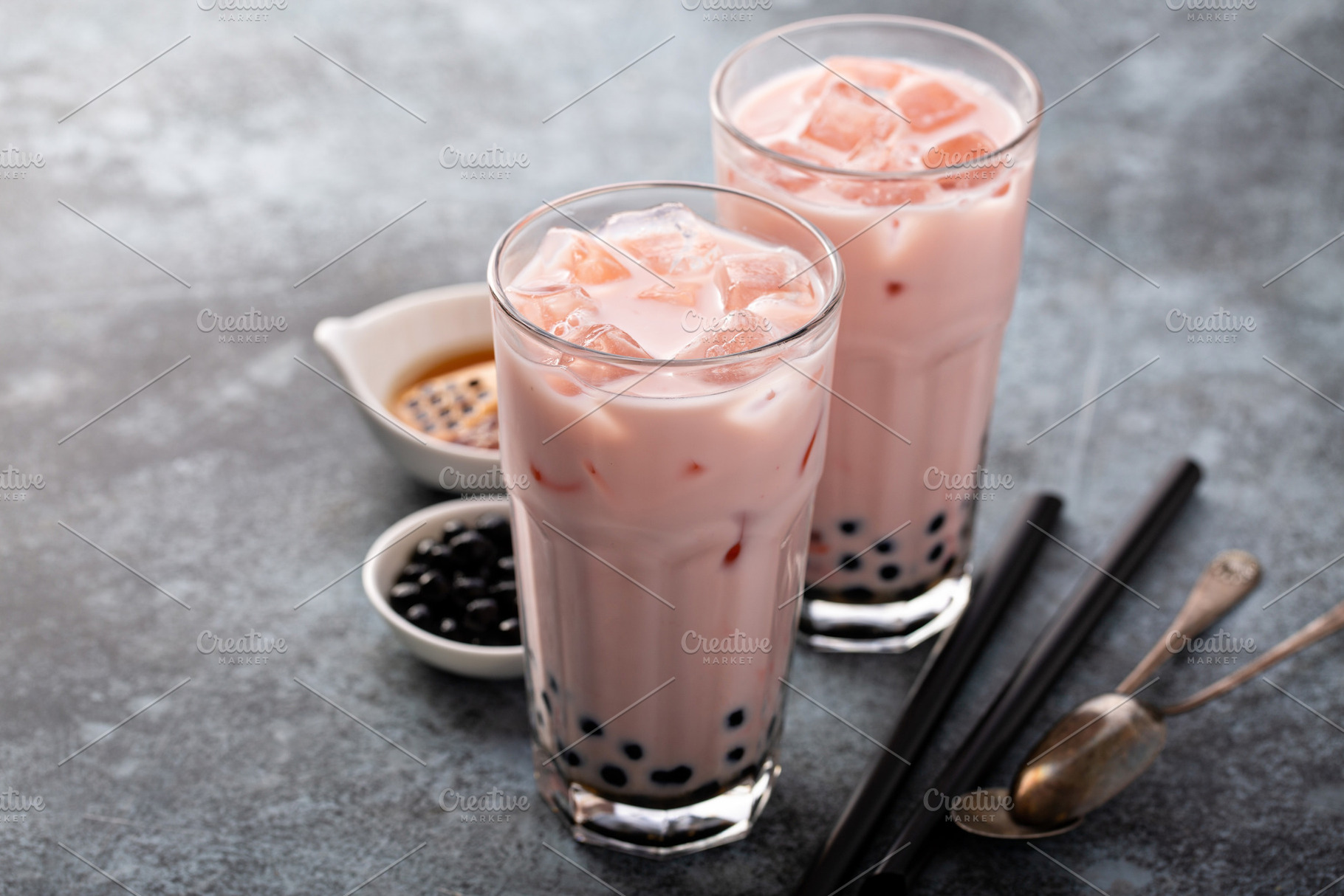 Homemade strawberry milk bubble tea, a Food & Drink Photo by farwasser