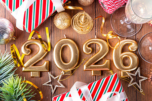 Festive Christmas and New Year 2026 background with champagne gl, a Photo by Rimma