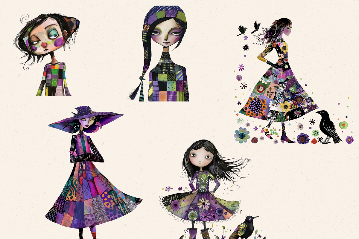QUIRKY PATCHWORK GIRLS CLIPART, a Person Illustration by Daring Digies (Photo 2 of 6)