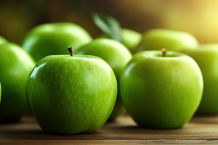 Fresh green apples on brown wooden background, a Food & Drink Photo by AlyaAnd