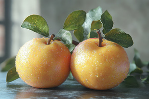 Fresh yellow plums with dew drops on, a Photo by Tanuart
