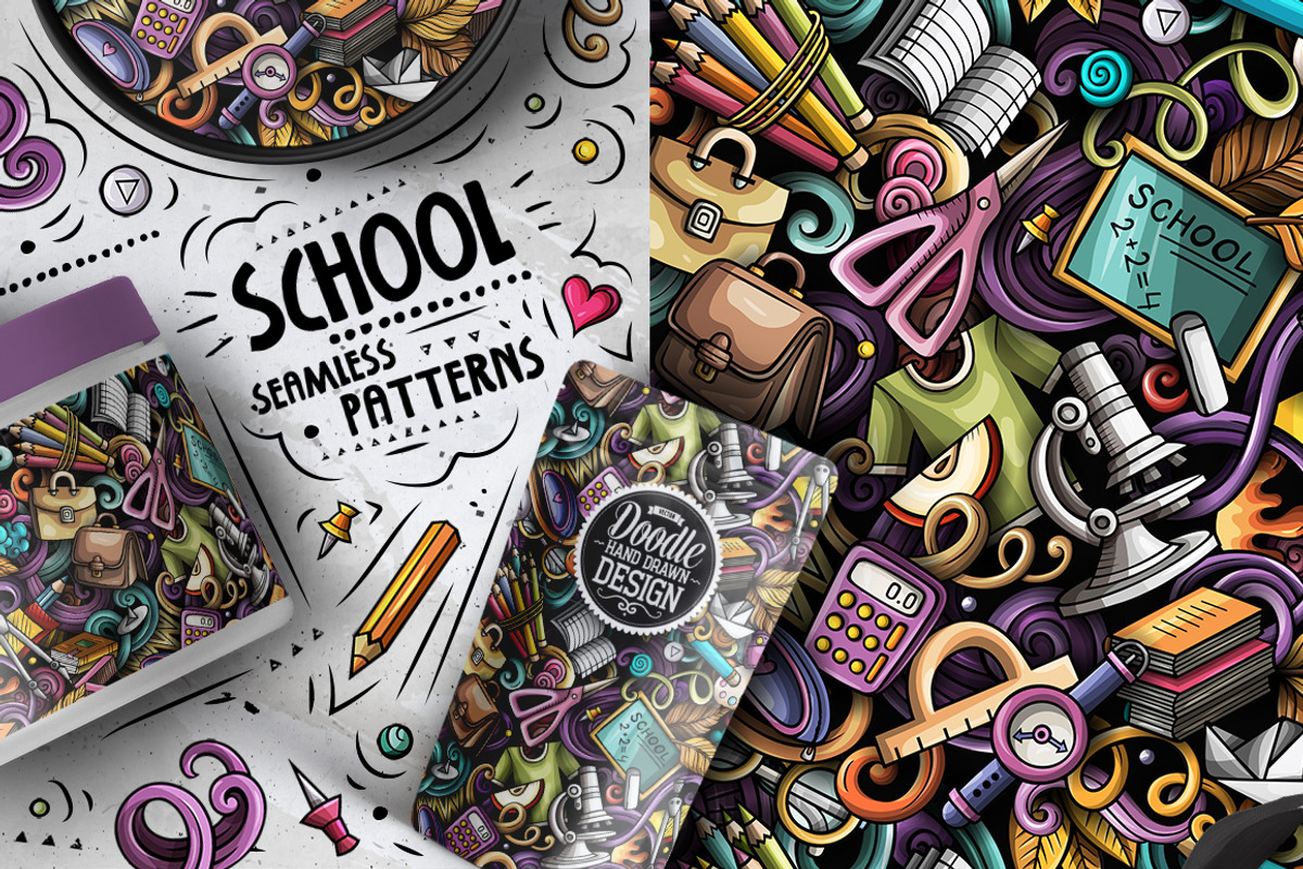 7 School Cartoon Seamless Patterns, a Pattern Graphic by BALABOLKA (Photo 2 of 8)