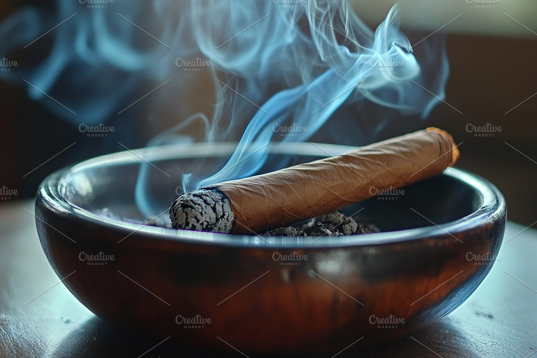 Brown smoking cigar with ashtray on wooden table, a Photo by AlyaAnd