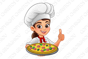Female Chef Woman Cartoon With Pizza, a Food Illustration by Christos Georghiou