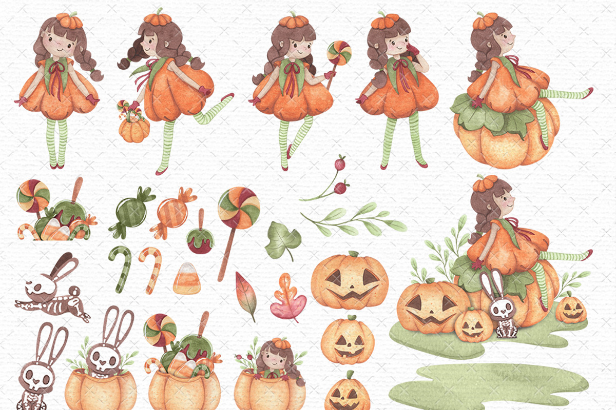 Pumpkin Girl Watercolor Clipart, an Illustration by GauSilvaStudio (Photo 2 of 5)