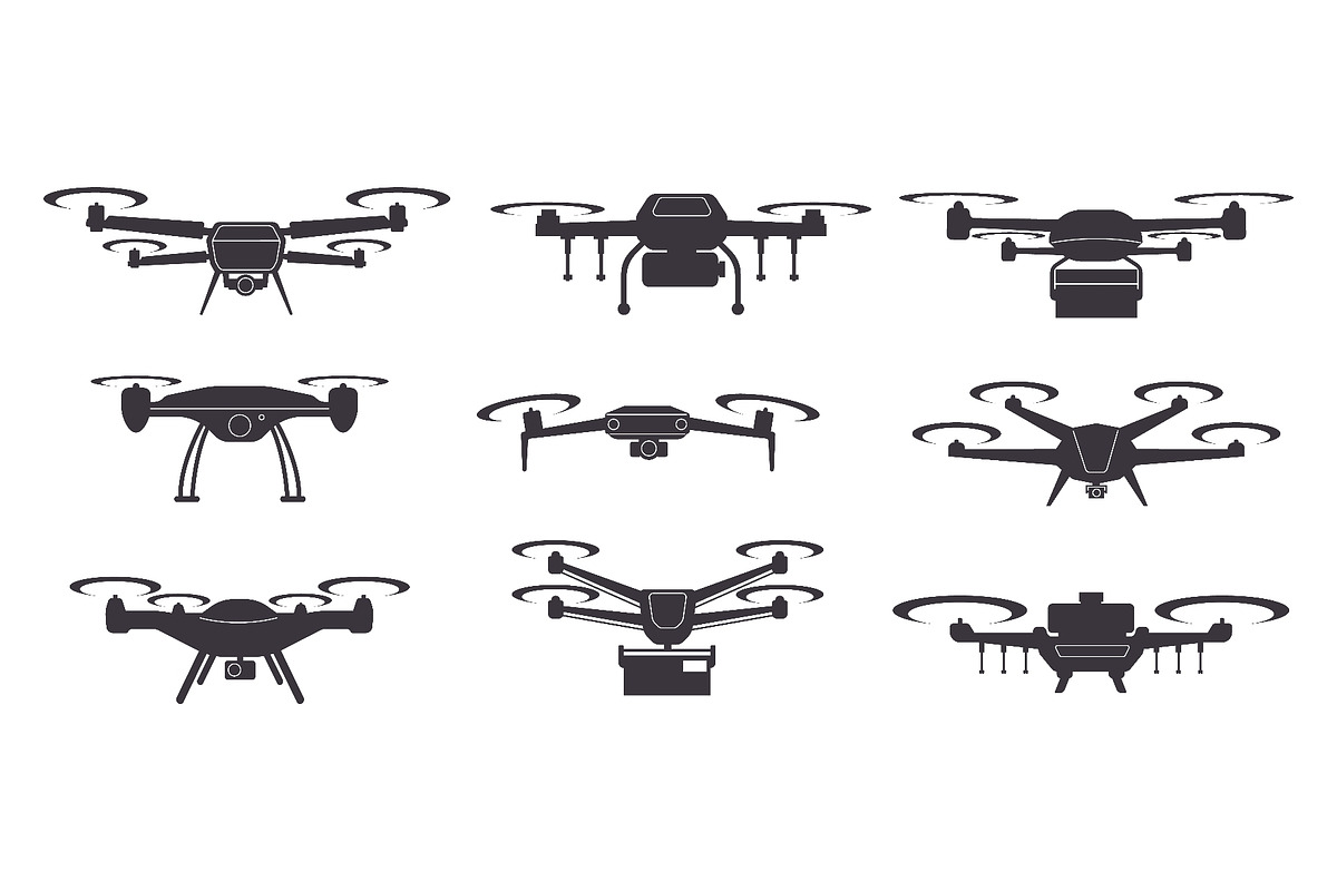 Drone icons. Black silhouettes, a Transportation Illustration by YummyBuum (Photo 1 of 3)