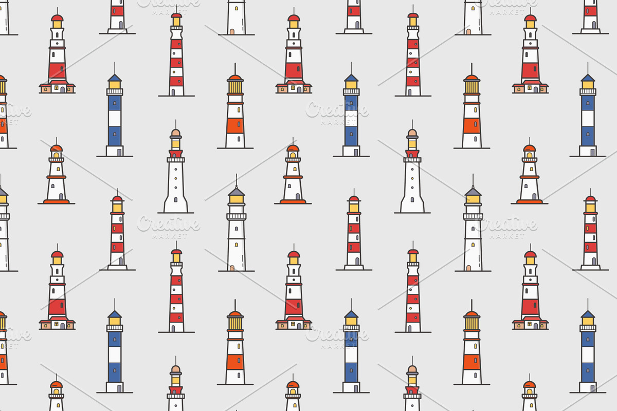 Lighthouses set, seamless patterns, an Object Illustration by Good Studio (Photo 5 of 9)