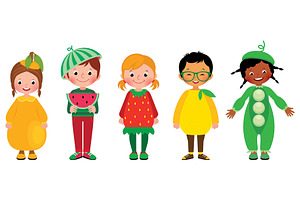 Set of kids in costumes of fruits