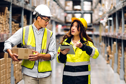 Asian two engineer team shipping order detail on tablet check go