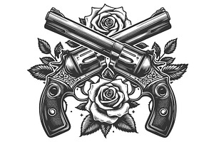 Crossed Revolvers With Roses