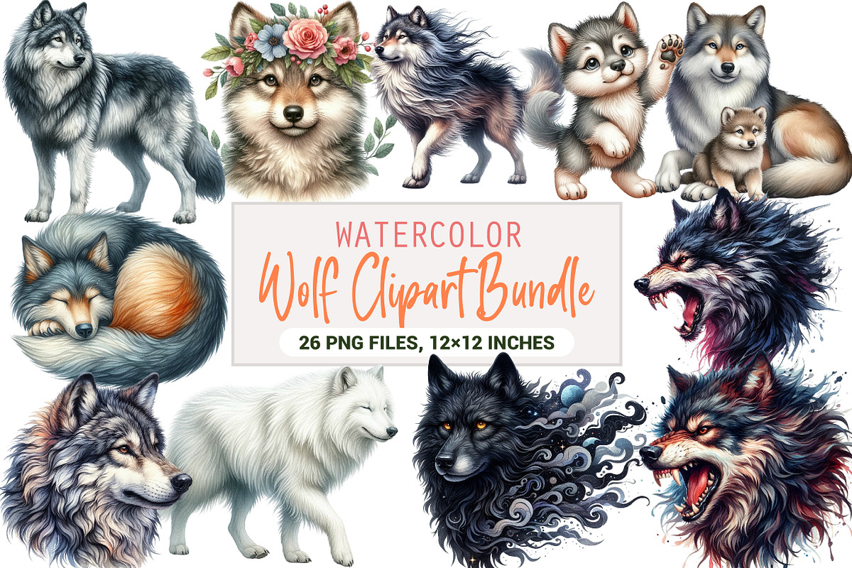 Watercolor Wolf Clipart Bundle, an Illustration by DreamArtGraphic (Photo 1 of 6)