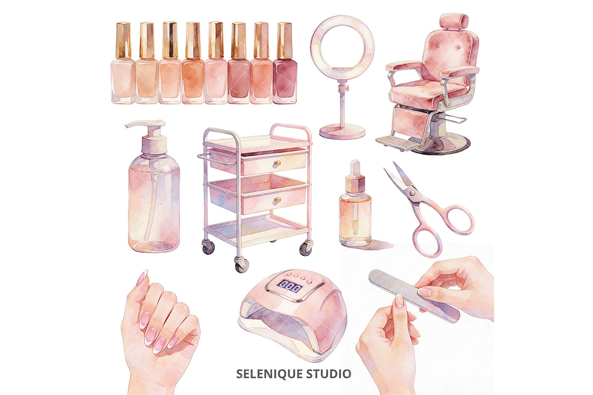 Watercolor Nail Salon Clipart, an Object Illustration by Selenique Studio (Photo 4 of 9)