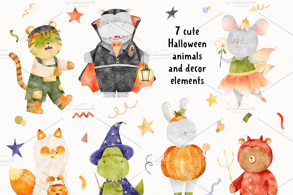 Cute animal Halloween clipart, an Animal Illustration by Watercolor Nastasia Art (Photo 2 of 7)