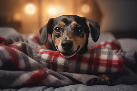 Cute dog in warm plaid. Generative AI, an Animal Photo by AlyaAnd