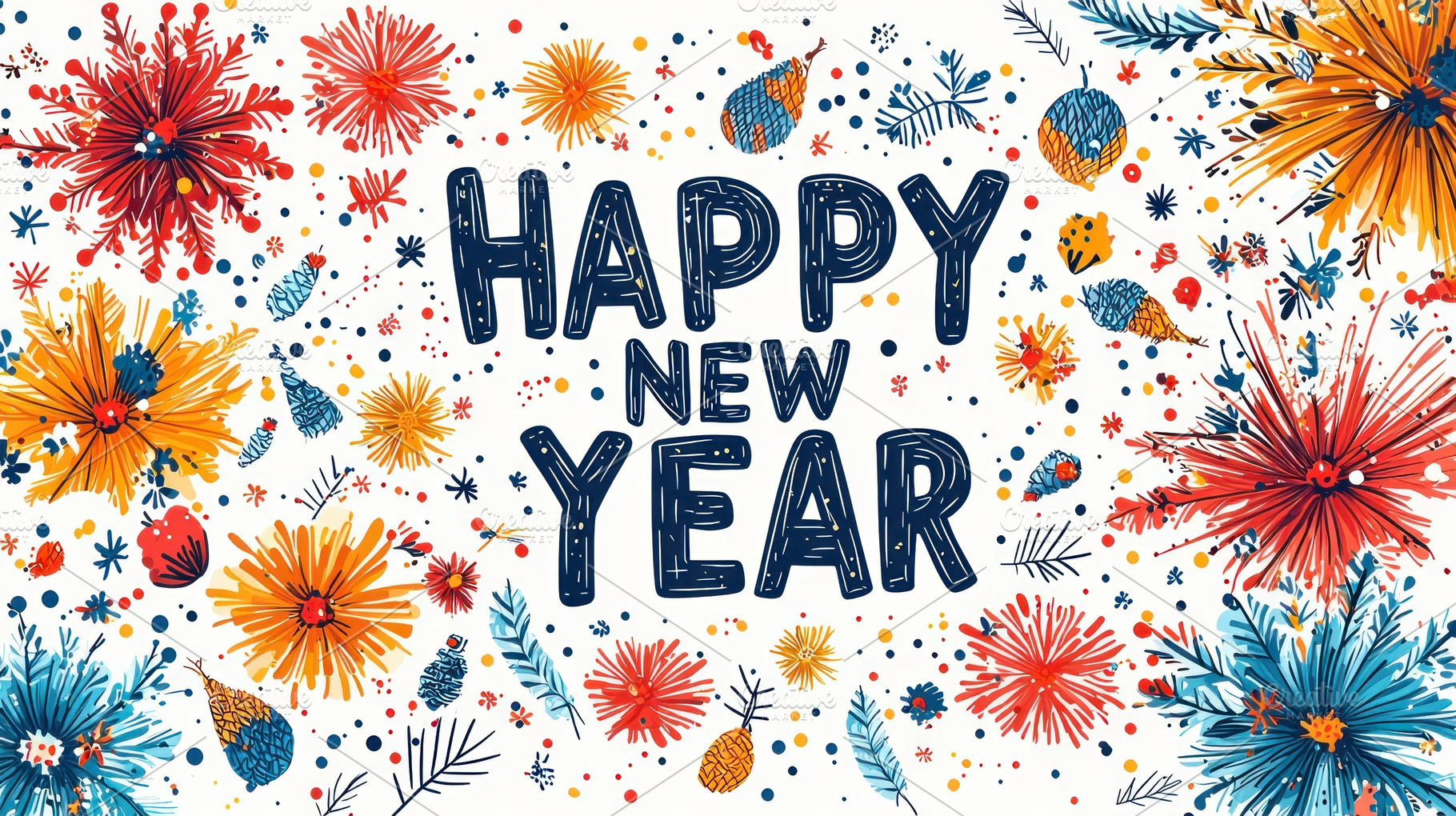 Happy new year festive illustration with bold text surrounded by, a Background Photo by José Manuel Gelpi