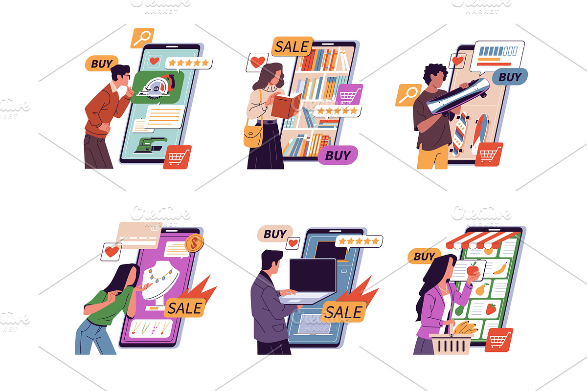 Online shopping phone people, an Object Illustration by YummyBuum