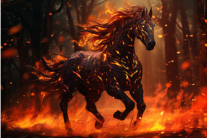 Blazing Fire Horse In Night Forest