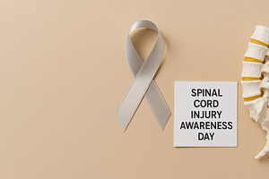 Spinal cord injury awareness day ribbon and spine on beige backg, a Photo by Dvoevnore photos