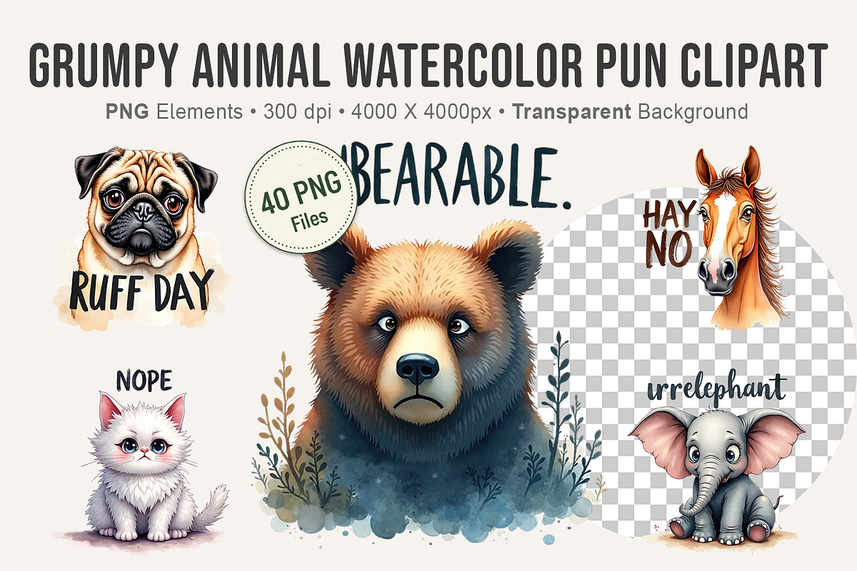 Grumpy Animal Watercolor Pun Clipart, an Illustration by Artnoy (Photo 1 of 8)