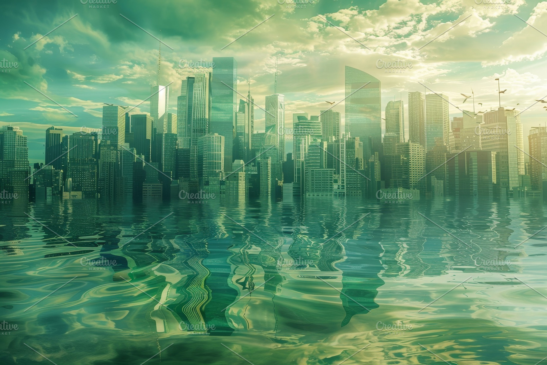 The skyline of a bustling city is mi, a Photo by Tanuart
