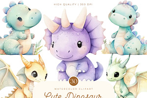 Watercolor Cute Dinosaur Clip Art