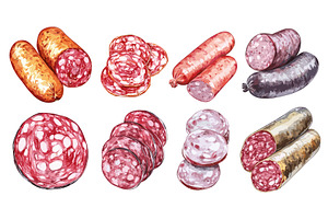Slices Of Different Types Of Sausage, a Food Illustration by LadadikArt