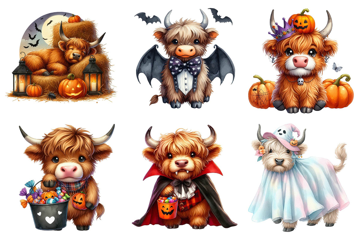 Cute Halloween Highland Cow Clipart, an Illustration by Dream Creation (Photo 6 of 6)
