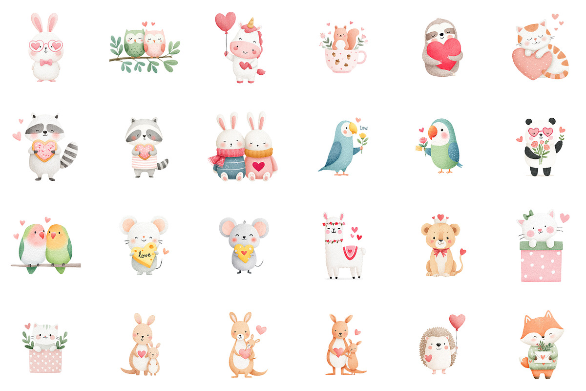 Valentine Animals Watercolor Clipart, an Illustration by Sublimation Artist (Photo 2 of 6)