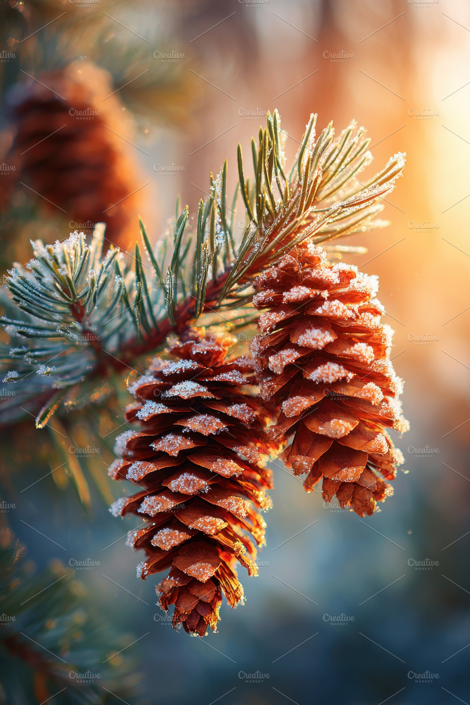 Snow-dusted pine cones on a branch, a Nature Photo by AlyaAnd